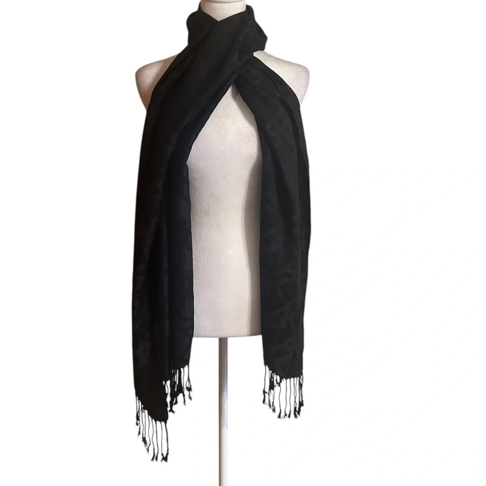 Anne Klein Black Logo Jacquard Fringe Scarf Wrap